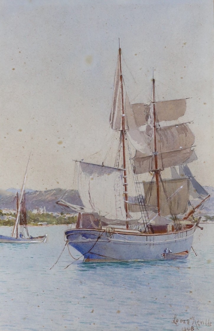 Louis Neville (fl.1887-1914), watercolour, Brigantine Genoa, signed and dated 1908, 23 x 15cm